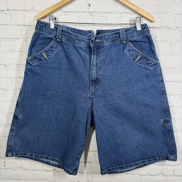 VTG Y2K 90's Denim Baggy Shorts Women Size 16 Blue Carpenter Loose Fit Cotton - Picture 1 of 10